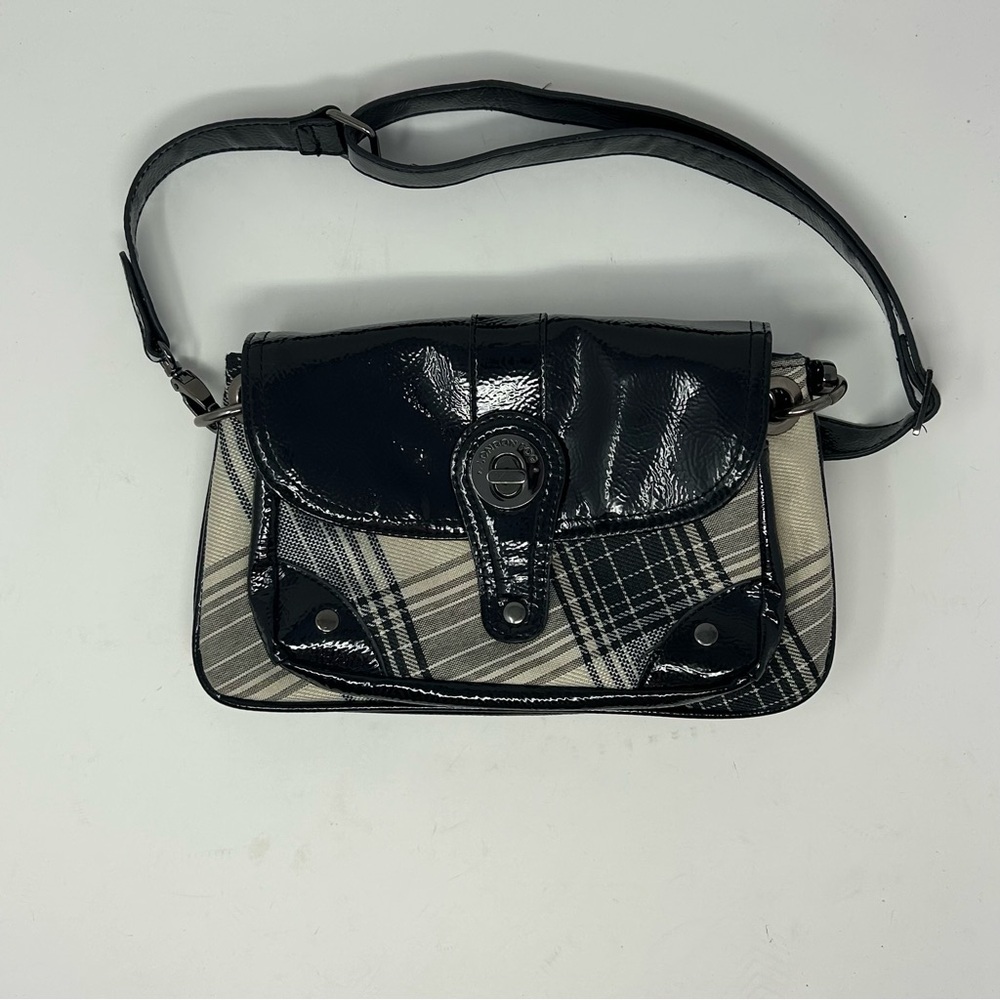 London Fog Plaid Patent Shoulder Bag Black White Checkered Y2K Kiss Lock‎